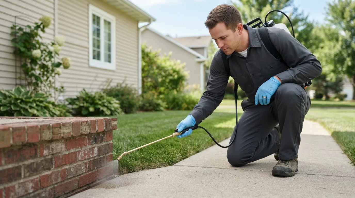 Pest control technician treating a home near South Hadley, MA